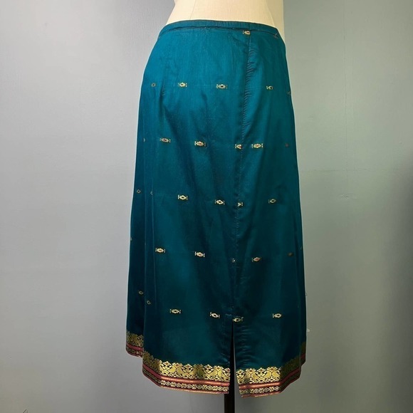 Amanda Smith Peacock Blue Gold Embroidered Trim Straight Lightweight Skirt Sz XL - Picture 2 of 16